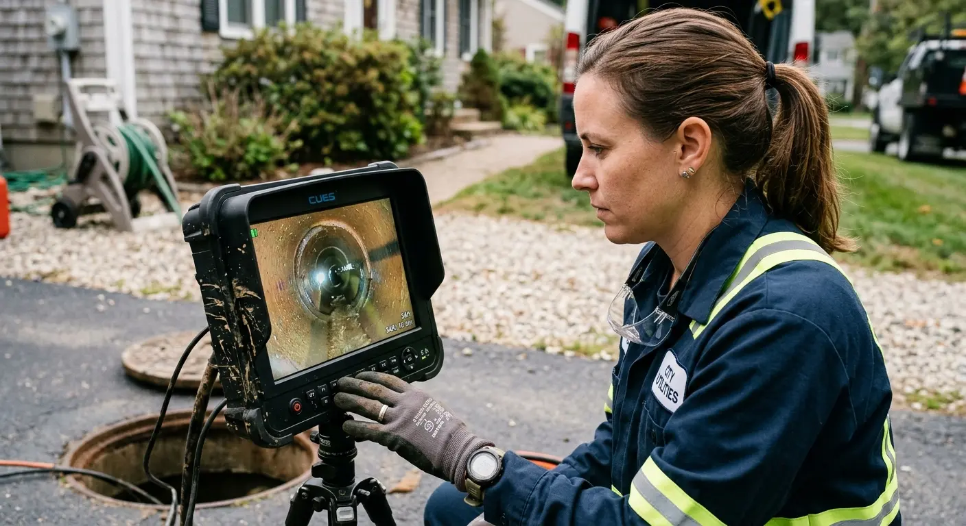 Technician reviewing sewer camera inspection footage in Apopka