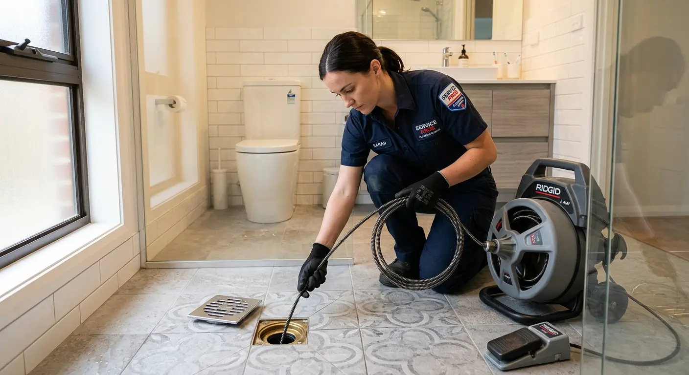 Technician clearing a bathroom floor drain for Hydro Jetting in Apopka
